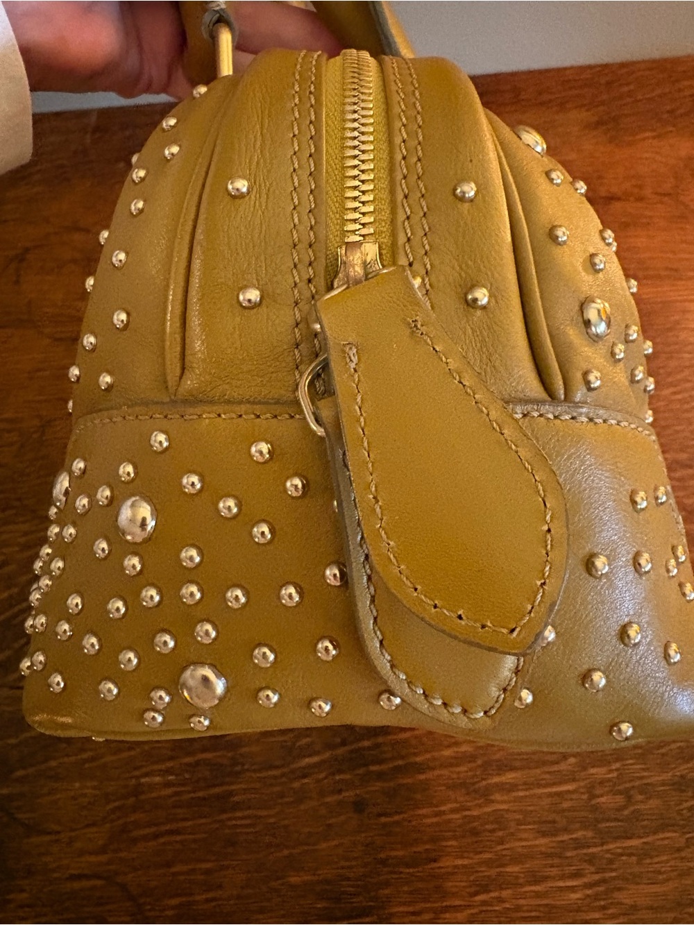 Burberry Orchard Studded Olive Leather Bowling Satchel Bag - Picture 8 of 17
